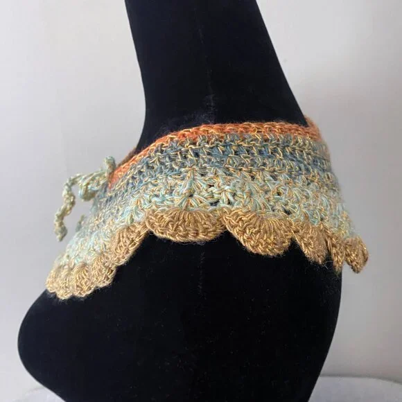 Handmade Crochet Blue Orange Gold Wool Blend Collar Neckwear Accessory - Picture 5 of 6